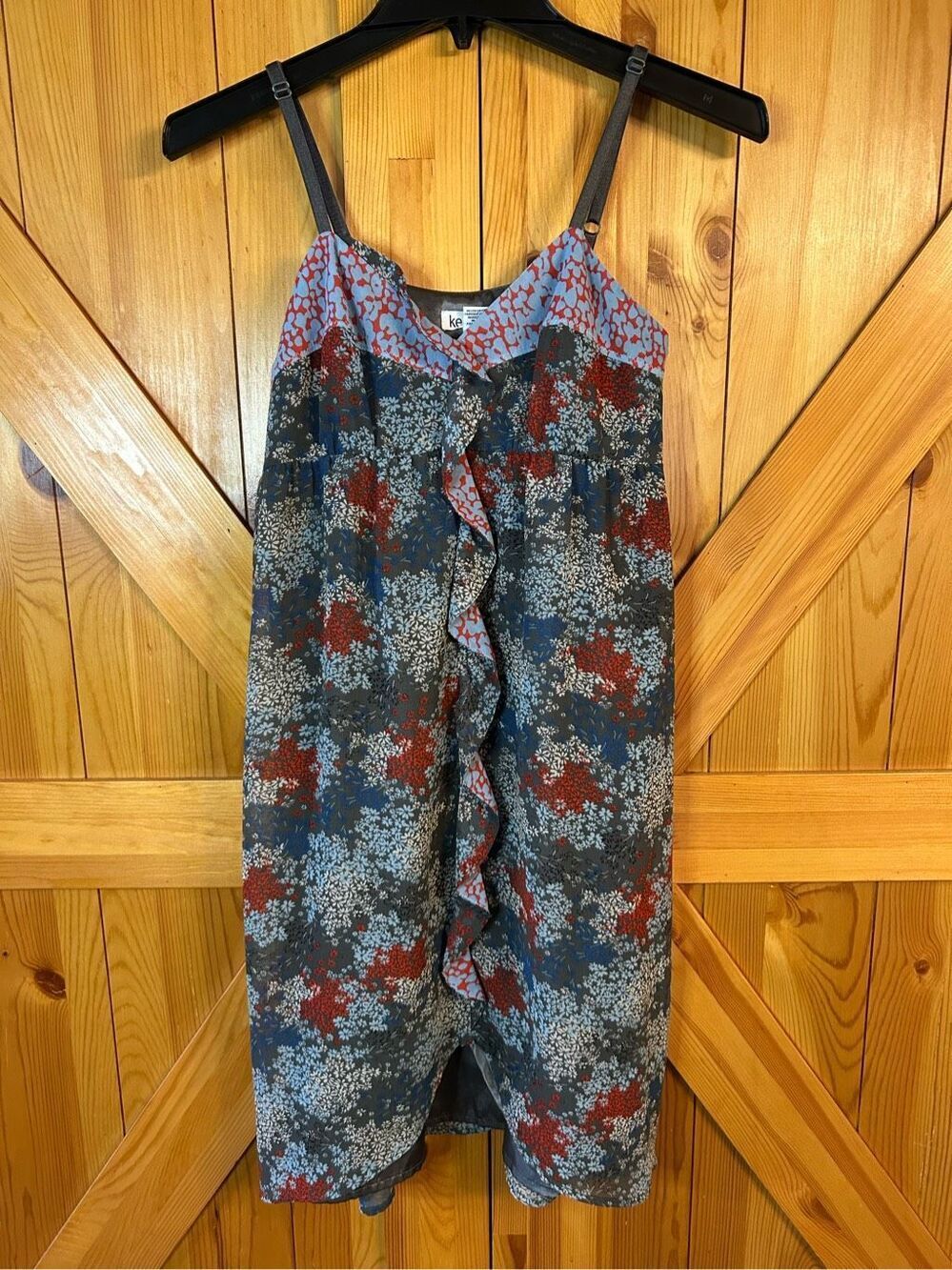 Kensie Pretty Dress Size Small Boho spaghetti straps, gray floral (0915)